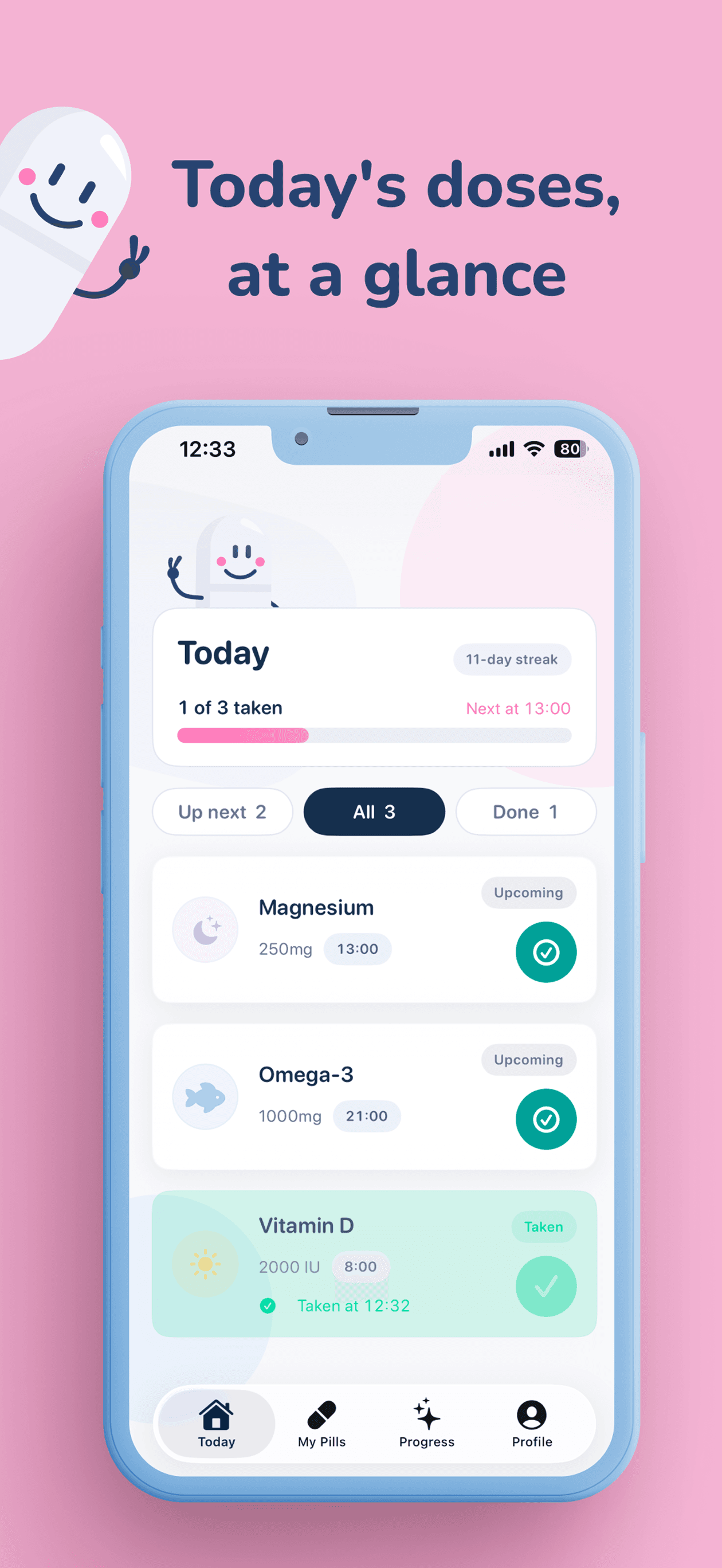 Pillko Today screen showing today’s doses at a glance
